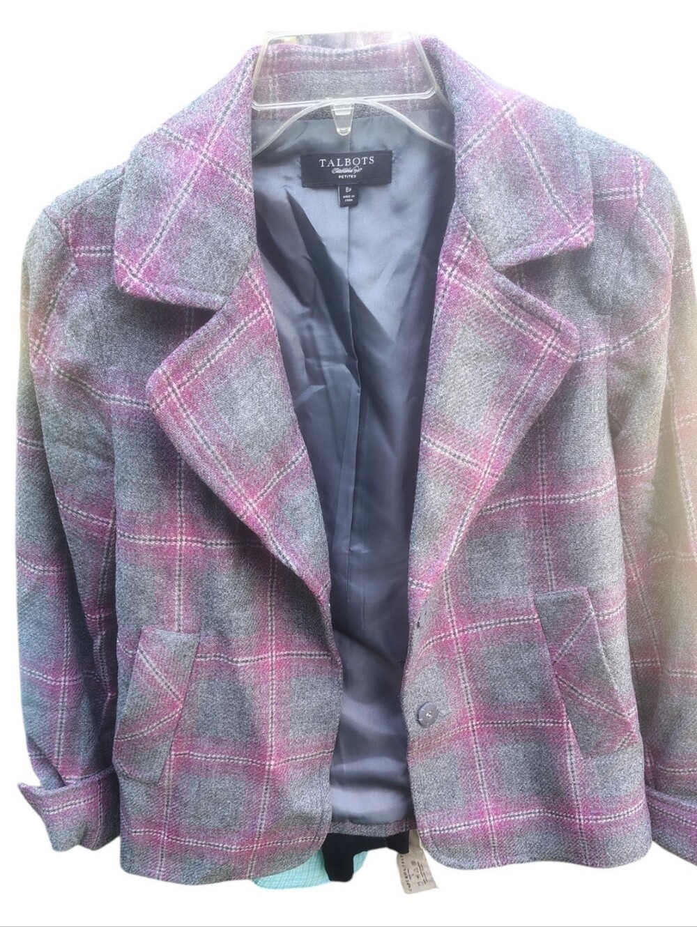 Talbots Pink and Gray Plaid Wool-Blend Blazer Size 89